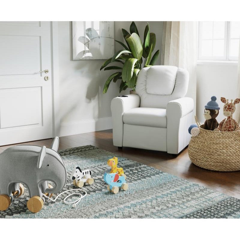 White Vinyl Kids Recliner with Cup Holder and Headrest