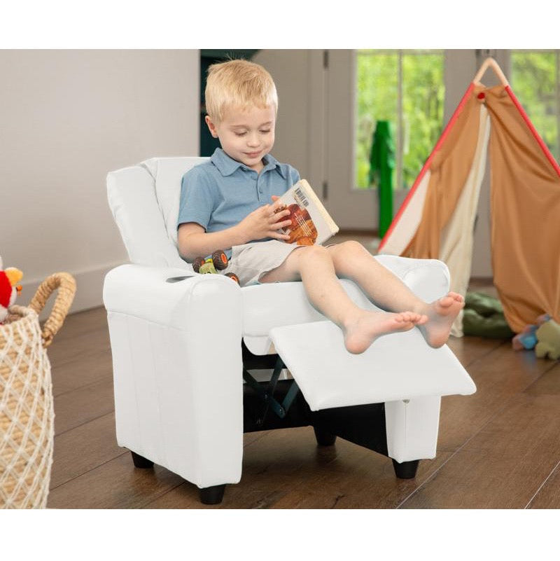 White Vinyl Kids Recliner with Cup Holder and Headrest