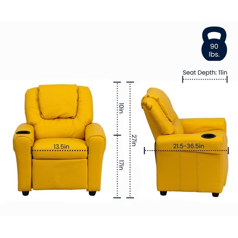 Yellow Vinyl Kids Recliner with Cup Holder and Headrest