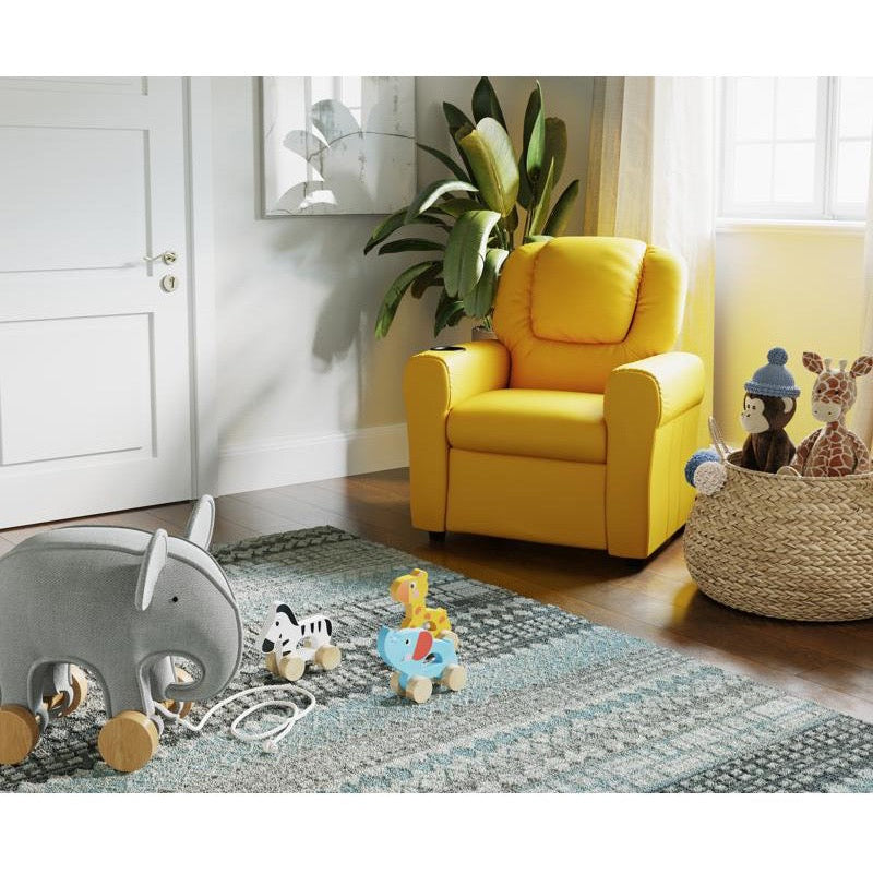 Yellow Vinyl Kids Recliner with Cup Holder and Headrest
