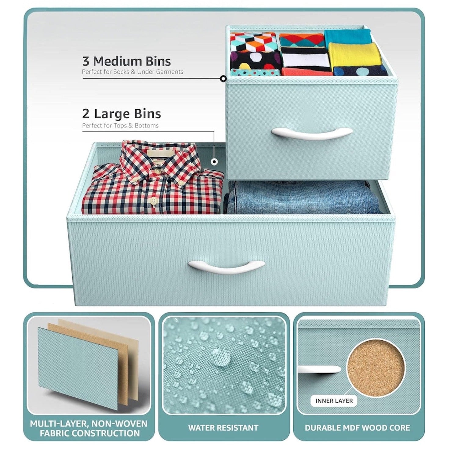Kids Dresser with 5 Fabric Drawers - Pastel Aqua