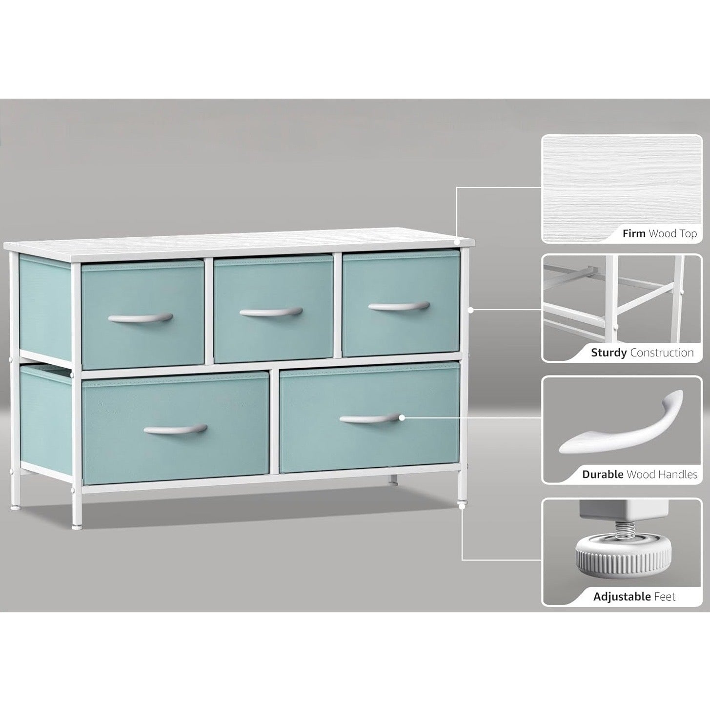Kids Dresser with 5 Fabric Drawers - Pastel Aqua